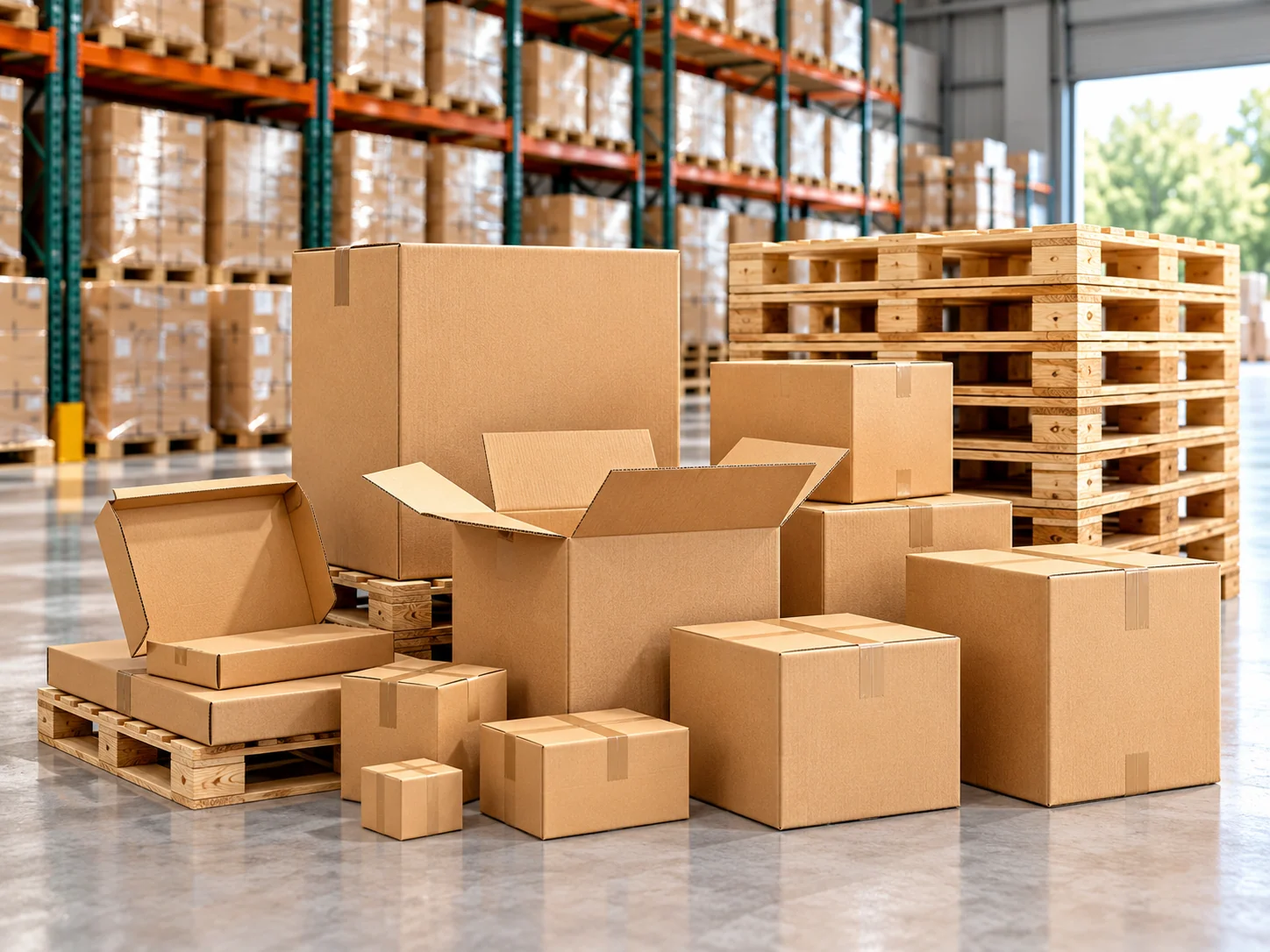 Warehouse team organising packaging inventory on pallets